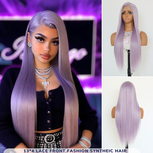 Lavender Purple Straight Synthetic Lace Front Wig 13x4 for Party Daily Use 26 Inches