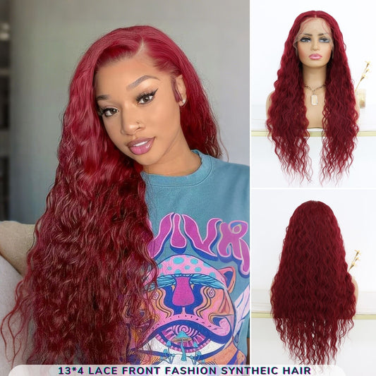 Burgundy Long Curly Synthetic Lace Front Wig 13x4 for Party Daily Use 32 Inch