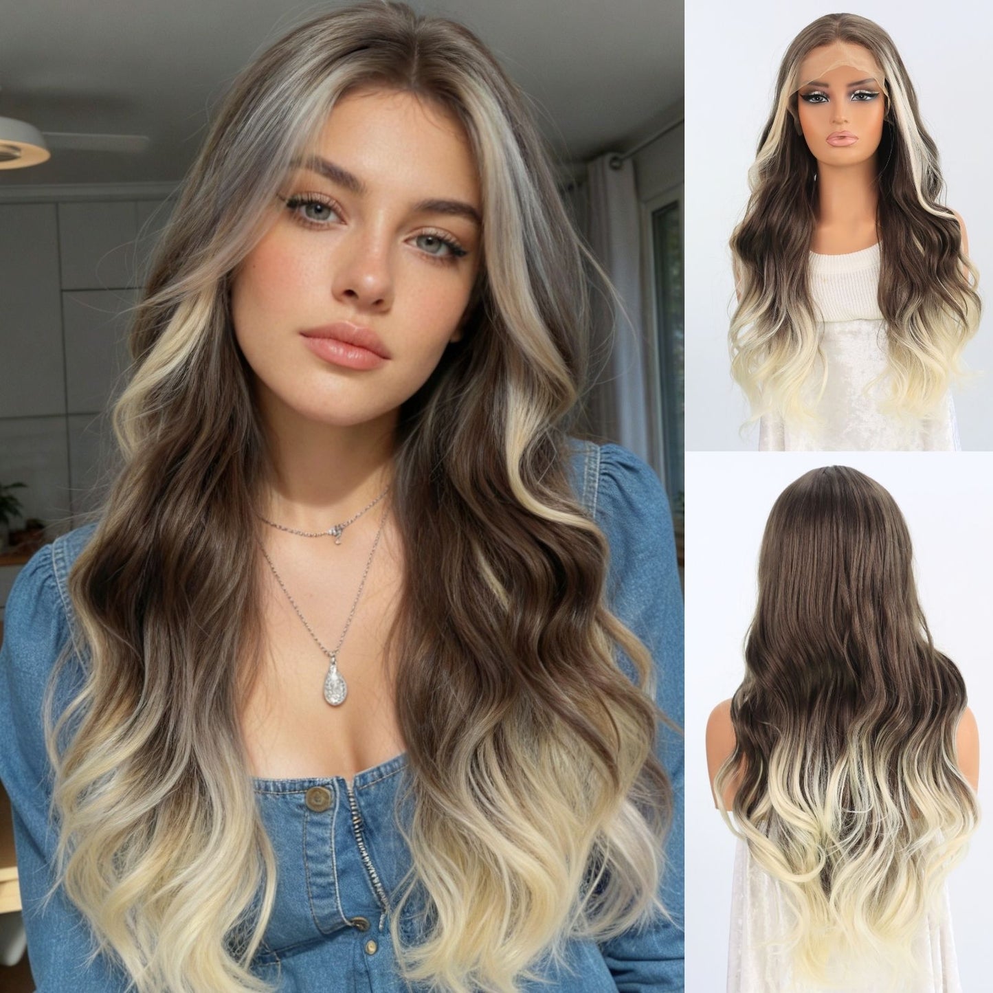 Ombre Blonde Body Wave Synthetic Lace Front Wig Free Part Pre Plucked 13X4 for Women Daily Use 24 Inches Heat Friendly