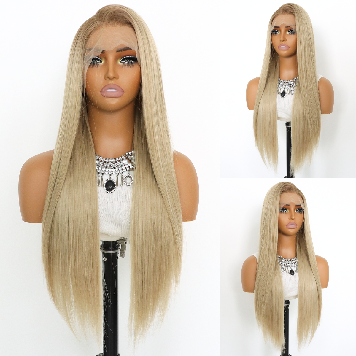 Ombre Blonde 13×4 Lace Front Wigs Ombre Light Blonde Straight Synthetic Wig Glueless Pre Plucked Natural Hairline For White Women Black Women(24Inch)