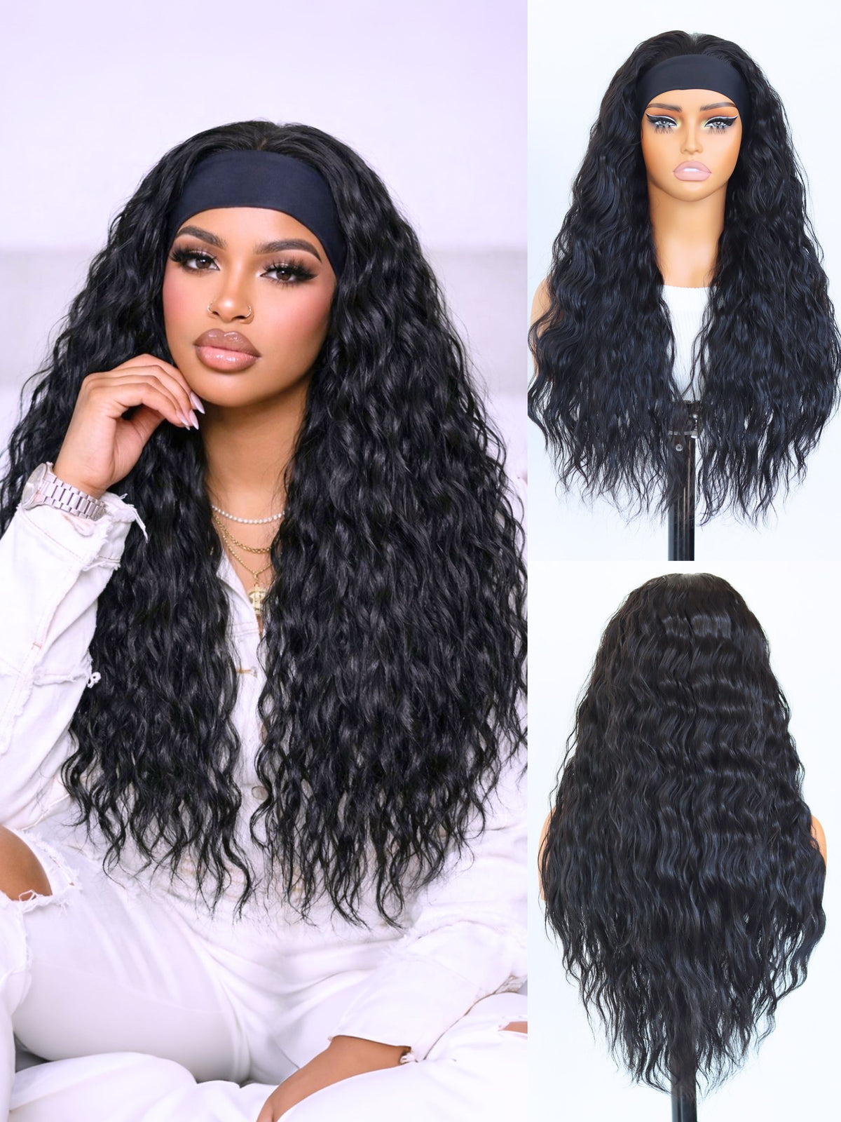 Black Deep Wave Headband Wig 22 Inch Curly Heat-Resistant Synthetic Hair Glueless Friendly for Beginner