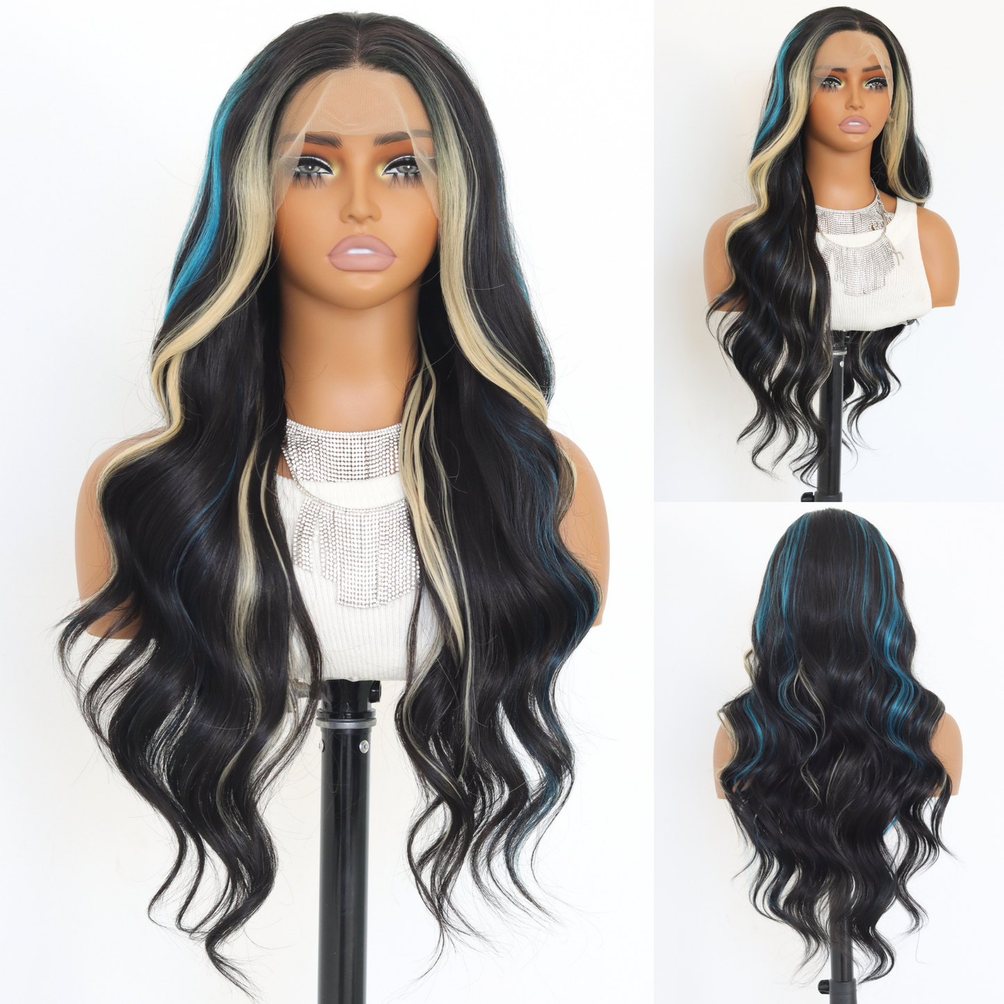 Highlight Blue Skunk Stripes Blonde Synthetic Lace Front Wigs Blue Blonde Highlights Wavy Wigs for Women Pre Plucked Hairline With 24 Inches 150 Density