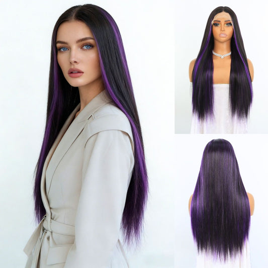 Ombre Purple Highlight Black Straight Lace Front Wig 13x4 Free Part HD Transparent Heat-Resistant Pre-Plucked Hairline 24" for Party Daily Use