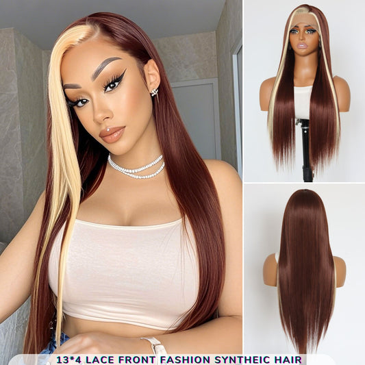 Reddish with Blonde Skunk Stripe Straight Synthetic Lace Front Wig 13X4 Party Daily Use 26 Inches