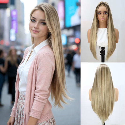 7x5 Lace Front Ombre Synthetic Wig Ash Blonde with Platinum Highlights Long Silky Straight Wig Heat-Resistant Pre Cut HD Transparent Free Part 24" for Party Daily Use
