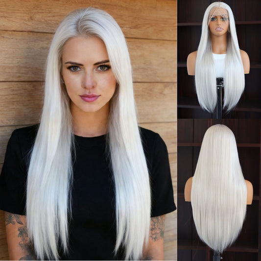 24 Inch Gray White Straight Lace Front Wig 13x4 HD Transparent Lace, Heat Resistant, Free Part, Pre-Plucked Natural Hairline Synthetic Hair