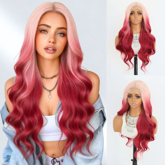 24 Inch Pink to Burgundy Ombre Wavy Synthetic Lace Front Wig Heat Resistant Fiber 13x4 Free Part Pre-Plucked Hairline Natural Look