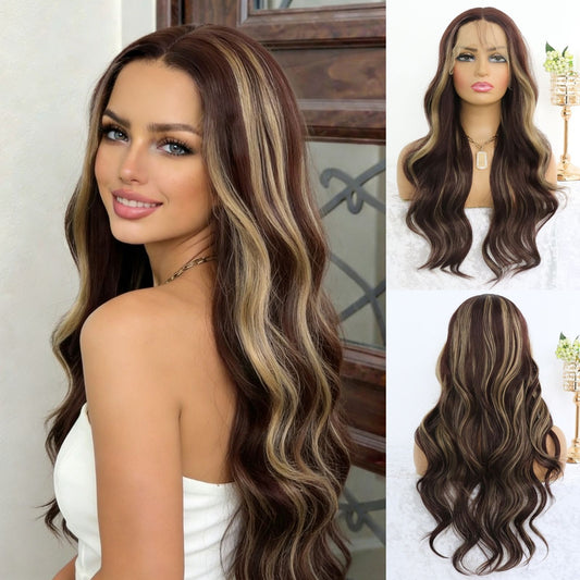 Hazelnut Lace Front Wig with Honey Blonde Highlight Long Wavy Synthetic Wig Loose Curls Heat-Resistant & Pre-Plucked Hairline Wig 13x4 HD Transparent Free Part Natural Looking 24"