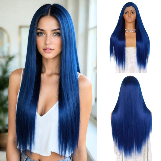 Blue Long Straight Lace Front Synthetic Wig 13x4 HD Transparent Lace, Free Part, Pre-Plucked Natural Hairline, Heat-Resistant Fiber for Women 24"