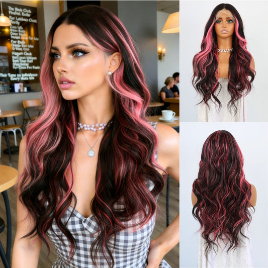 Pink Highlight Black Lace Front Wig Long Loose Wavy Synthetic Wig Heat-Resistant Pre-Plucked Hairline 13x4 HD Transparent Free Part 24" for Party Daily Use