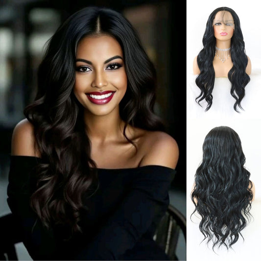 Black Body Wave Lace Front Wig 13x4 Free Part HD Transparent Synthetic Wig Heat Resistant & Pre-Plucked Natural Hairline for Daily Festival Use 24 Inch