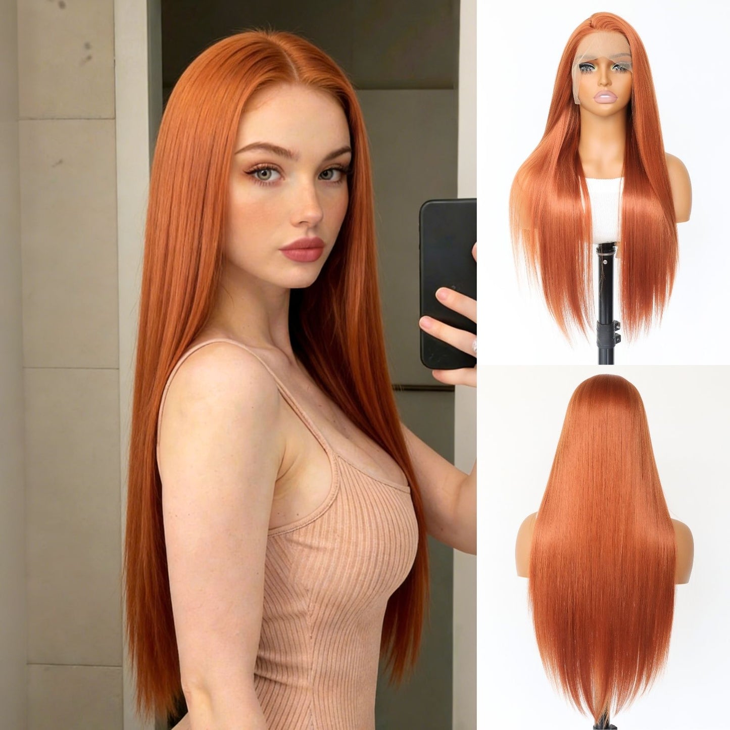 Copper Orange Straight Synthetic Lace Front Wig Ginger Orange Heat Resistant HD Transparent & Pre Plucked Free Part 13x4 Party Daily Use 24-Inch