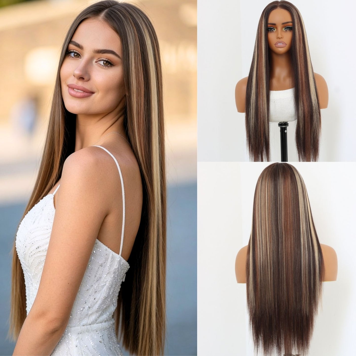 Reddish Brown Mix Blonde Highlight Natural Straight 24 inches 7X5 Pre Cuted Free Part Lace Front Women's Wig Heat Friendly