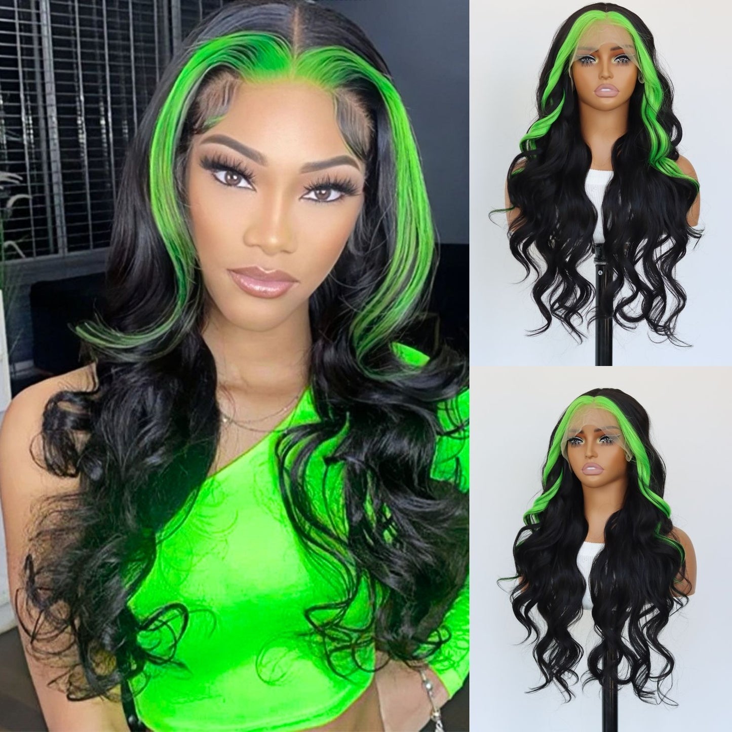 Highlight Green Black Body Wave  Synthetic Lace Front Wig 13X4 Party  Daily Use 24 Inches