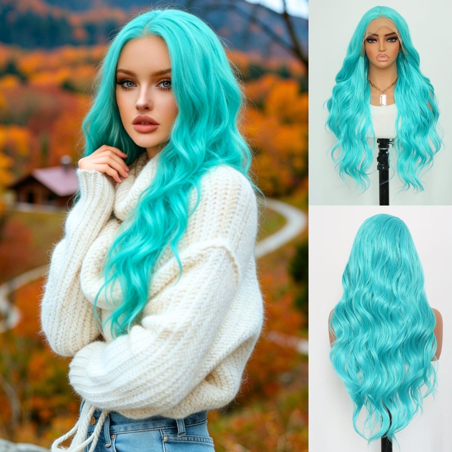Turquoise Blue Long Body Wavy Synthetic Lace Front Wig 13x4 Pre-Plucked Hairline Free Part 24 Inches