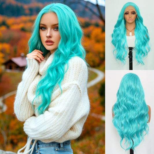 Turquoise Blue Long Body Wavy Synthetic Lace Front Wig 13x4 Pre-Plucked Hairline Free Part 24 Inches