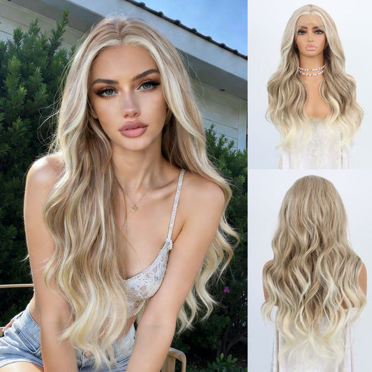 24 Inch Blonde Ombre Highlight Beige Brown Wavy Lace Front Wig 13x4 Free Part Heat Resistant Synthetic Hair, Natural Look