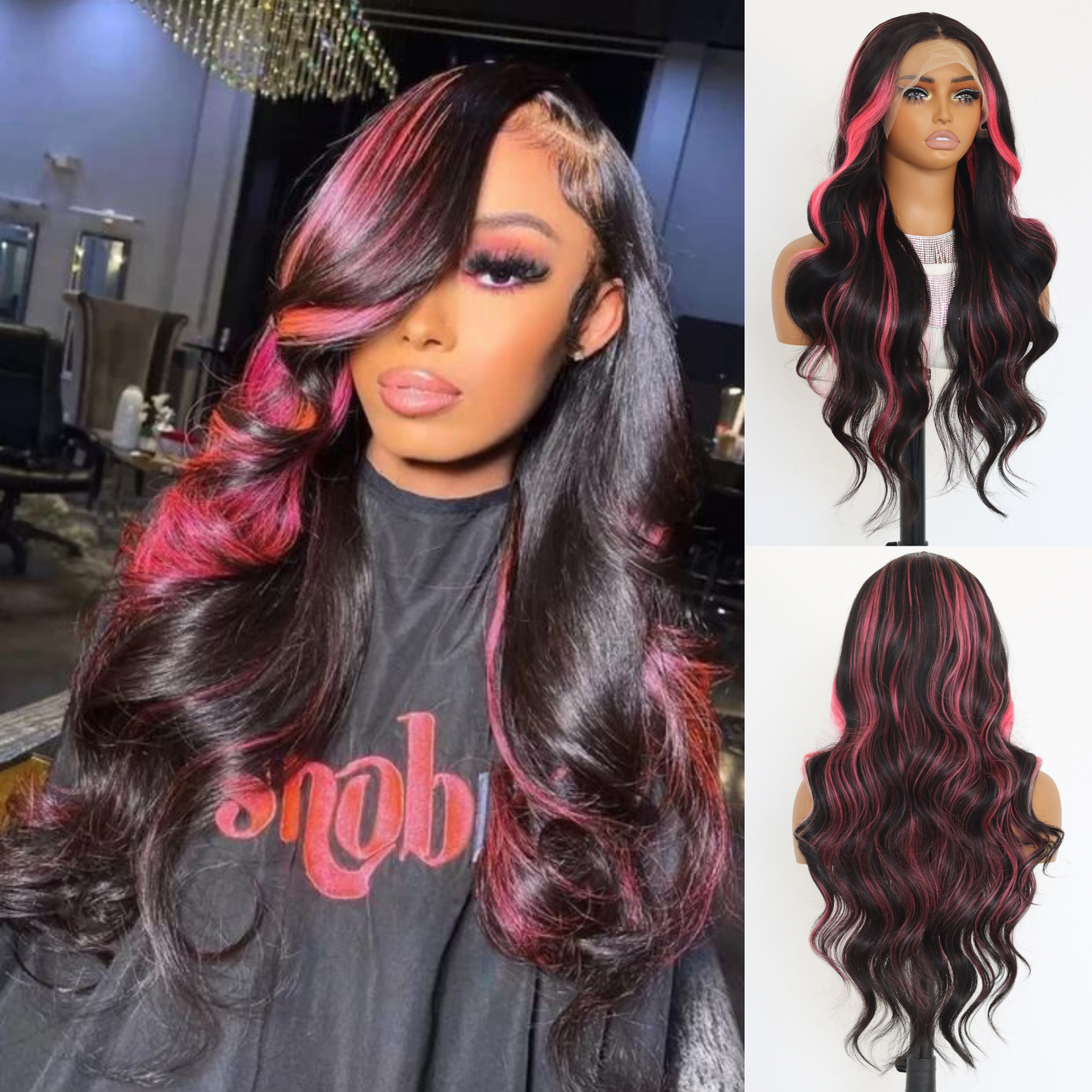 Pink Highlights Lace Front Wig Pink Skunk Stripe Synthetic Wavy Wigs 13×4 Lace Front Wig Pink and Black Colored Wigs 150% Density 24 Inch For Black Women