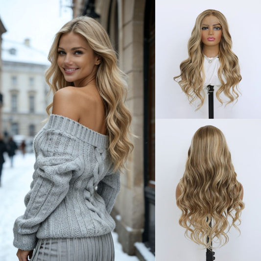 Blonde Body Wavy Synthetic Wig with Natural Highlights 24 inches 13x4 Pre Plucked Free Part Lace Front Women's Wig Heat Friendly