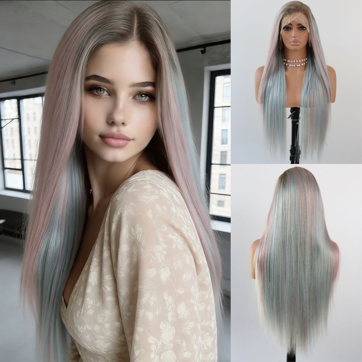 Pink Mint Green Mixed Color Straight Synthetic Lace Front Wig Ombre Brown Roots 13x4 Party Daily Use 28 Inches