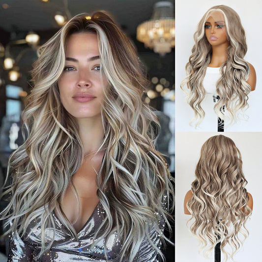Ombre Blonde Wavy Synthetic Wig 13×4 Lace Front White Skunk Stripes Wave Wig Heat-resistant Synthetic Wig For Black Women Daily Party Wear(24Inch)