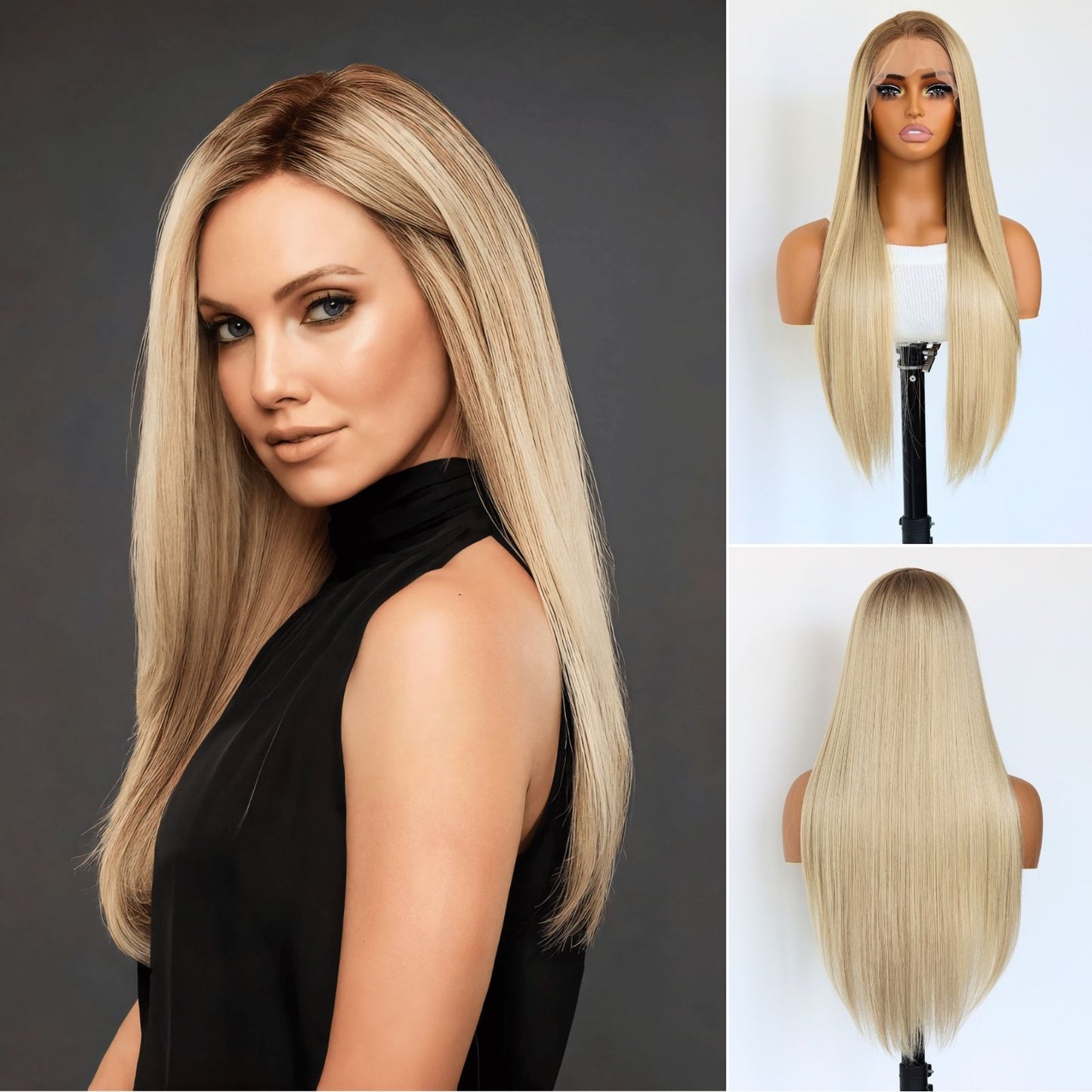 Ombre Blonde Long Straight Synthetic Lace Front Wig 13x4 for Party Daily Use 28 Inch