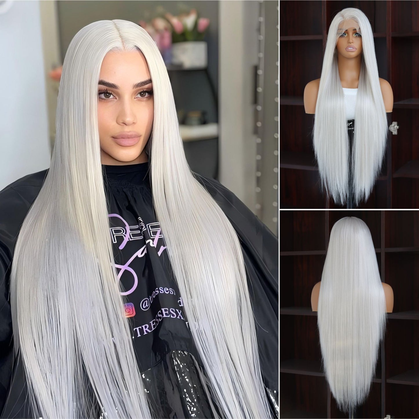 Gray White Straight Synthetic Lace Front Wig 13x4 for Party Daily Use 32 Inches