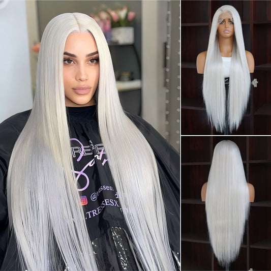 Gray White Straight Synthetic Lace Front Wig 13x4 for Party Daily Use 32 Inches