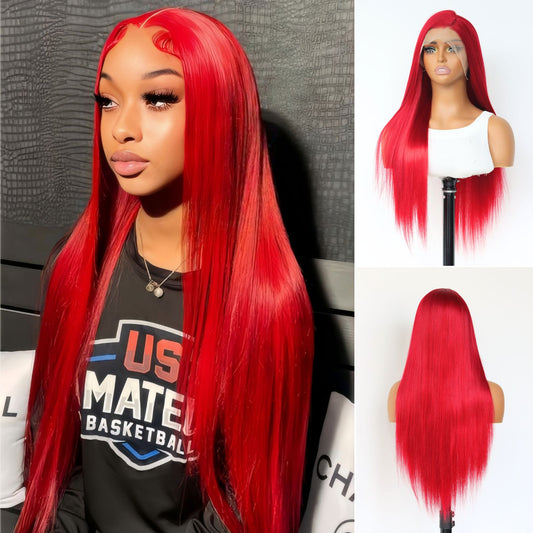 Red Straight Synthetic Lace Front Wig 13X4 Party Daily Use 26 Inches