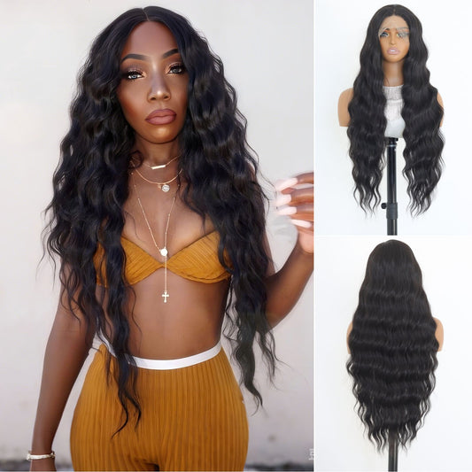 Natural Black Long Water Wave Synthetic Lace Front Wig13x4 for Party Daily Use 32 Inch