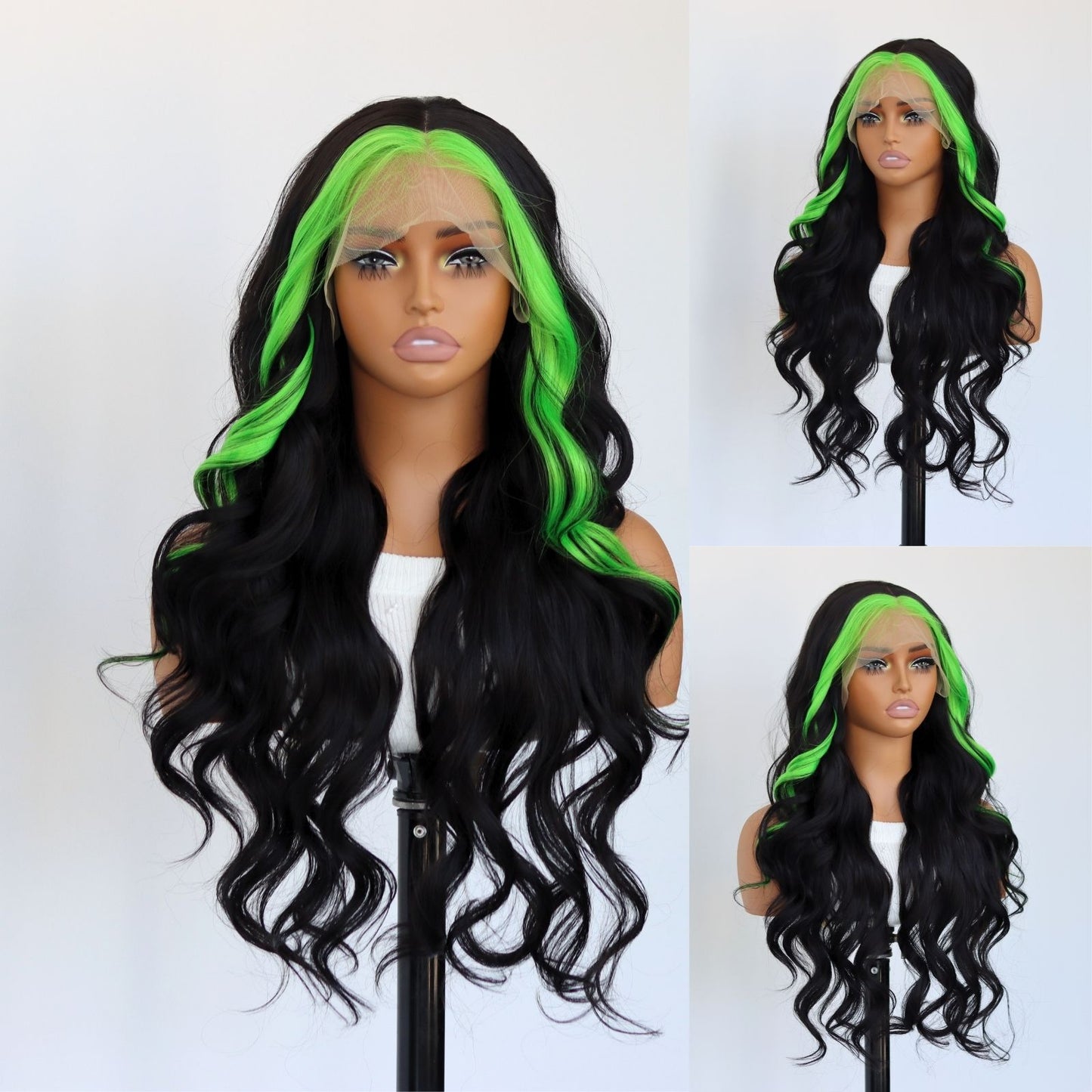 Highlight Green Black Body Wave  Synthetic Lace Front Wig 13X4 Party  Daily Use 24 Inches