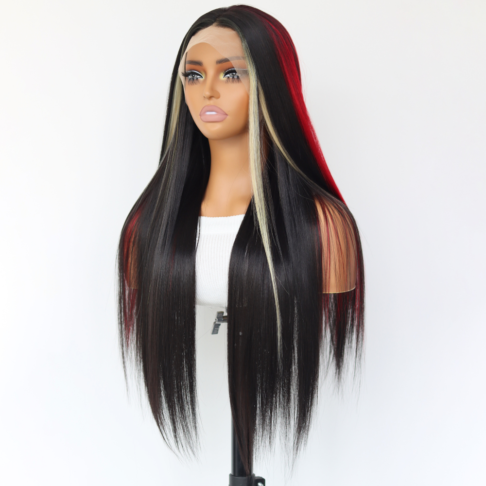 Skunk Stripes Red And Blonde Highlights Wig Black With Red Skunk Stripe Synthetic Heat-resistant Fiber Wig 13x4 Lace Front Wigs for Women Pre Plucked with Baby Hair 24 Inches