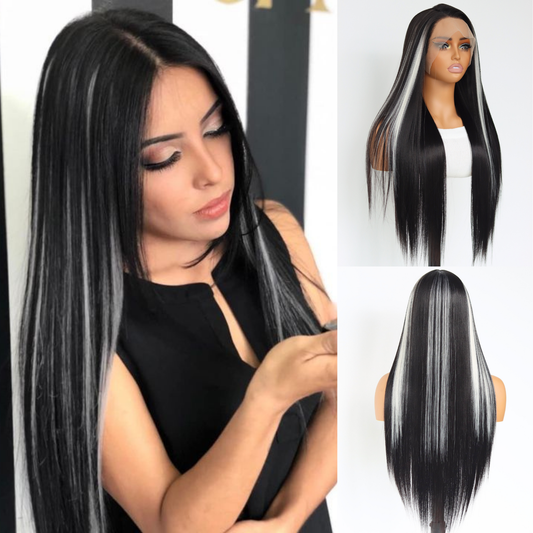 White Highlights 13×4 Lace Front Wigs White Skunk Stripes Synthetic Wig Glueless Breathable Fashion Wig Long Straight Black And white Striped Wig For Black Women(24Inch)