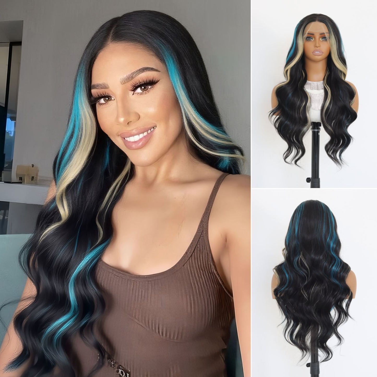 Highlight Blonde & Blue Black Body Wave Ombre Synthetic Lace Front Wig 13X4 Party  Daily Use 24 Inches