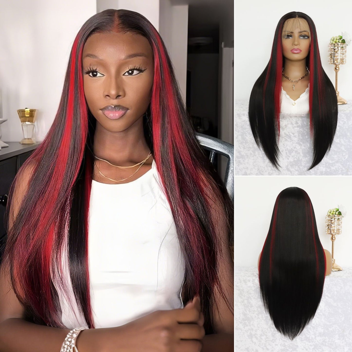 Highlight Red Black Straight Synthetic Lace Front Wig 13X4 Party Daily Use 26 Inches