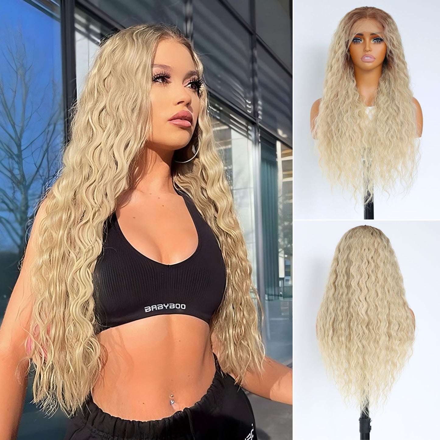Ombre Blonde Long Curly Synthetic Lace Front Wig 13x4 for Party Christmas Daily Use 28 Inch