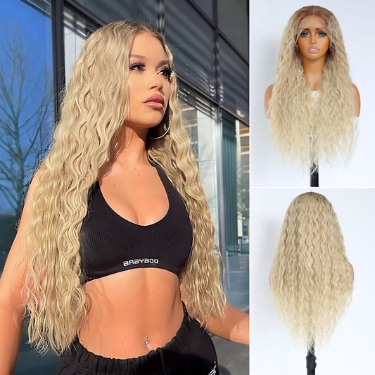 Ombre Blonde Long Curly Synthetic Lace Front Wig 13x4 for Party Christmas Daily Use 28 Inch