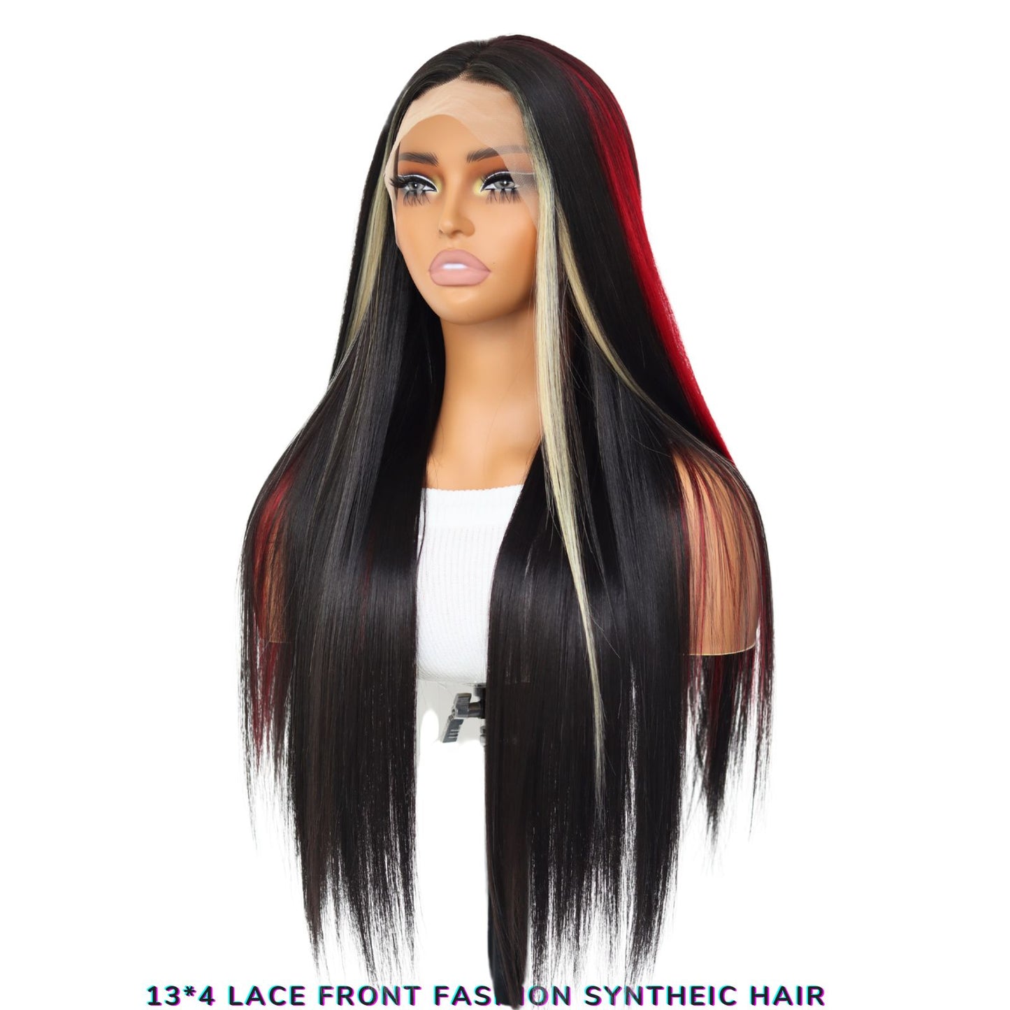 Highlight Red Blonde Black Mixed Straight Synthetic Lace Front Wig 13X4 Party Daily Use 26 Inches