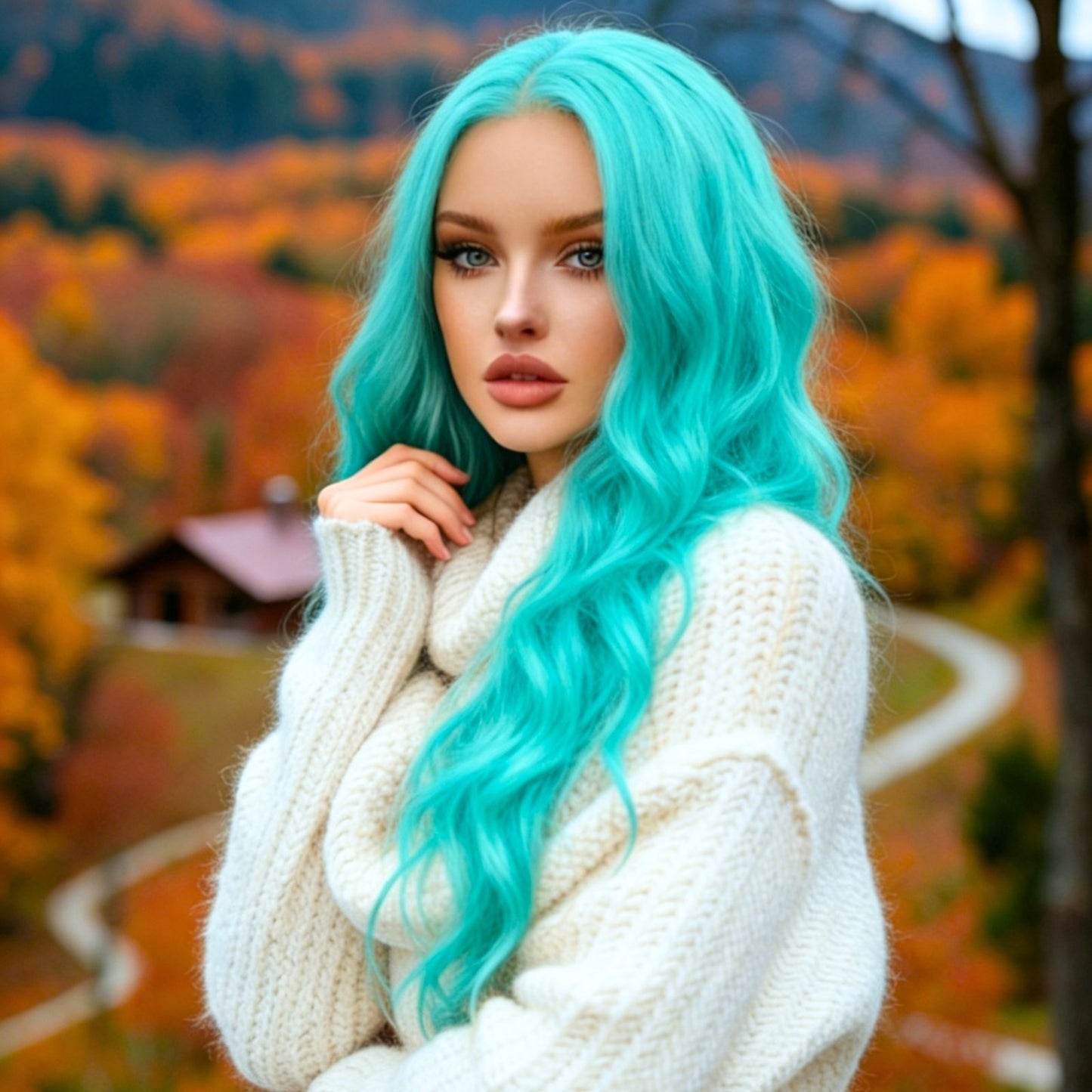 Turquoise Blue Long Body Wavy Synthetic Lace Front Wig 13x4 Pre-Plucked Hairline Free Part 24 Inches