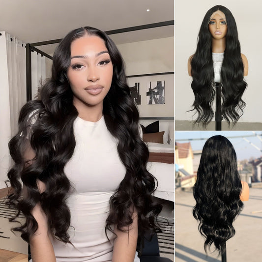 Natural Black Body Wave Synthetic Wig13x4 for Party Christmas Daily Use 32 Inch