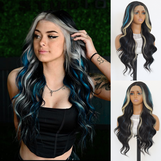 Highlight Blue Skunk Stripes Blonde Synthetic Lace Front Wigs Blue Blonde Highlights Wavy Wigs for Women Pre Plucked Hairline With 24 Inches 150 Density