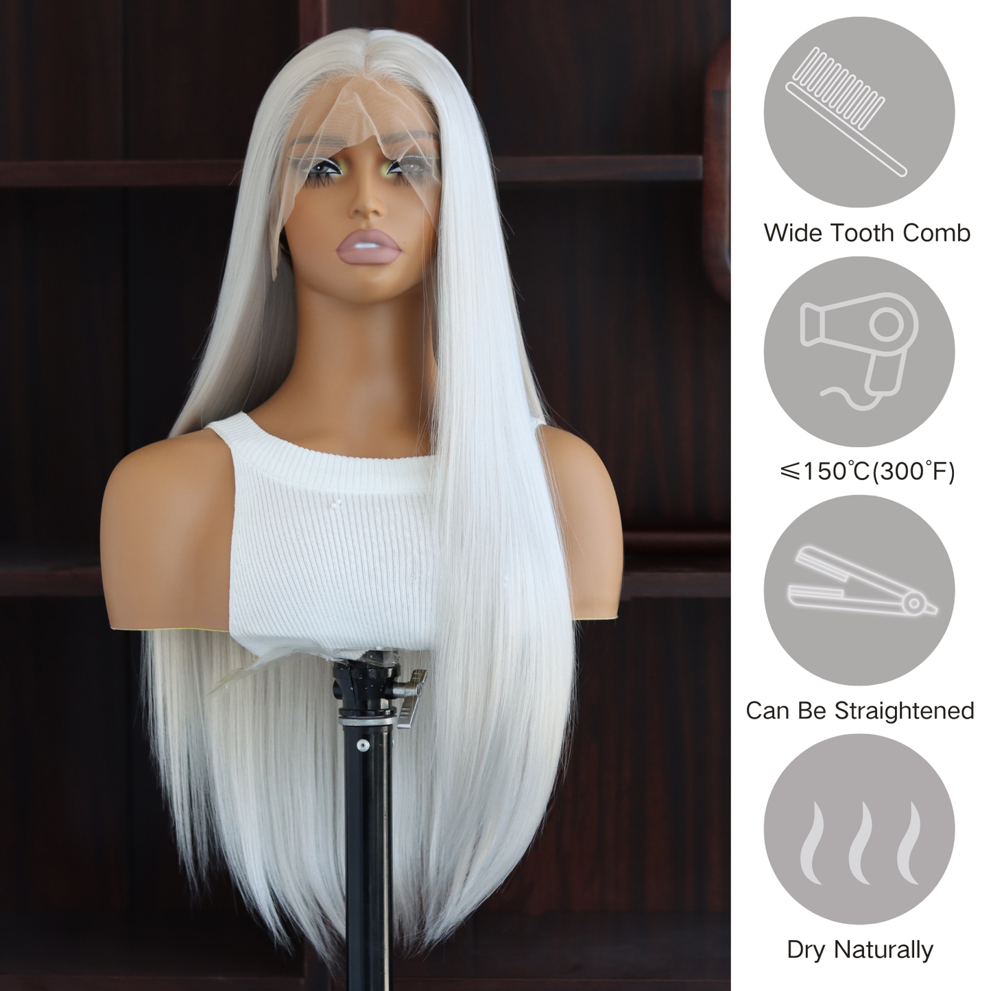 White Long Straight Wigs Platinum White Synthetic Wig 13×4 Lace Front Wigs Pre Plucked Natural Hairline Heat-Resistant Fiber Wig For Women(24Inch)