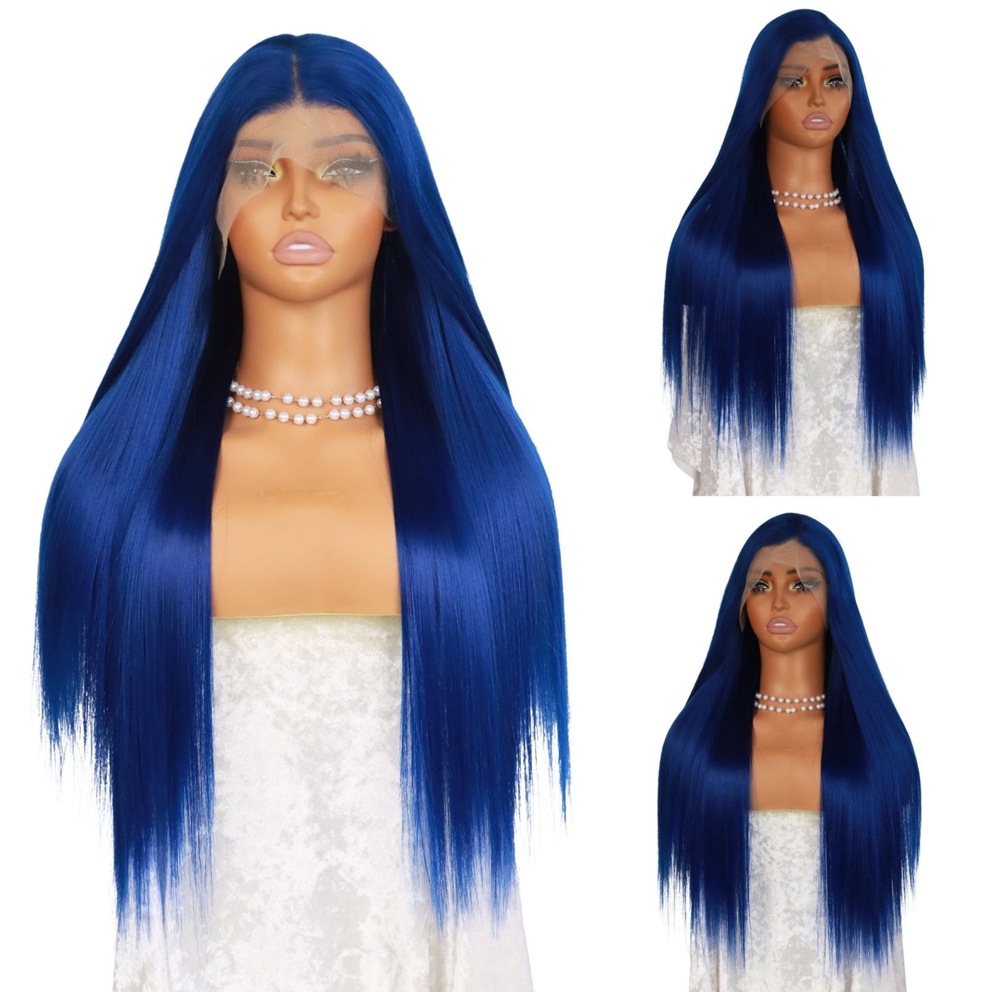 Blue Long Straight Lace Front Synthetic Wig 13x4 HD Transparent Lace, Free Part, Pre-Plucked Natural Hairline, Heat-Resistant Fiber for Women 24"