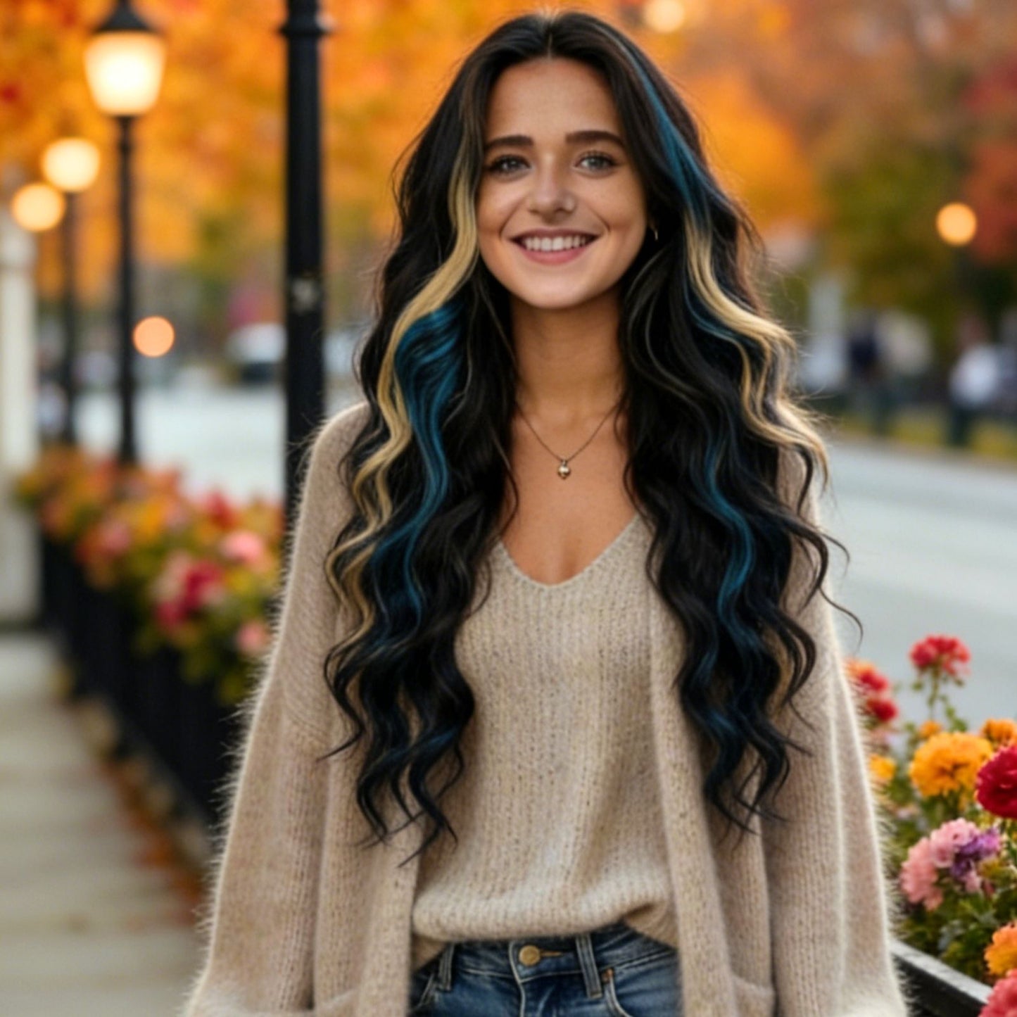 Blue & Blonde Highlights Black Body Wavy Synthetic Lace Front Wig Heat Resistant Pre Plucked 13x4 Party Daily Use 24 Inches