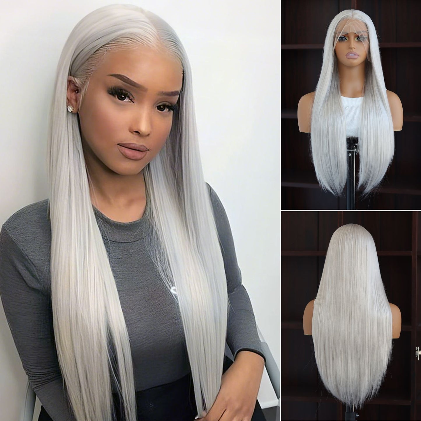 Gray White Straight Synthetic Lace Front Wig 13x4 for Daily Party Use 28 Inches