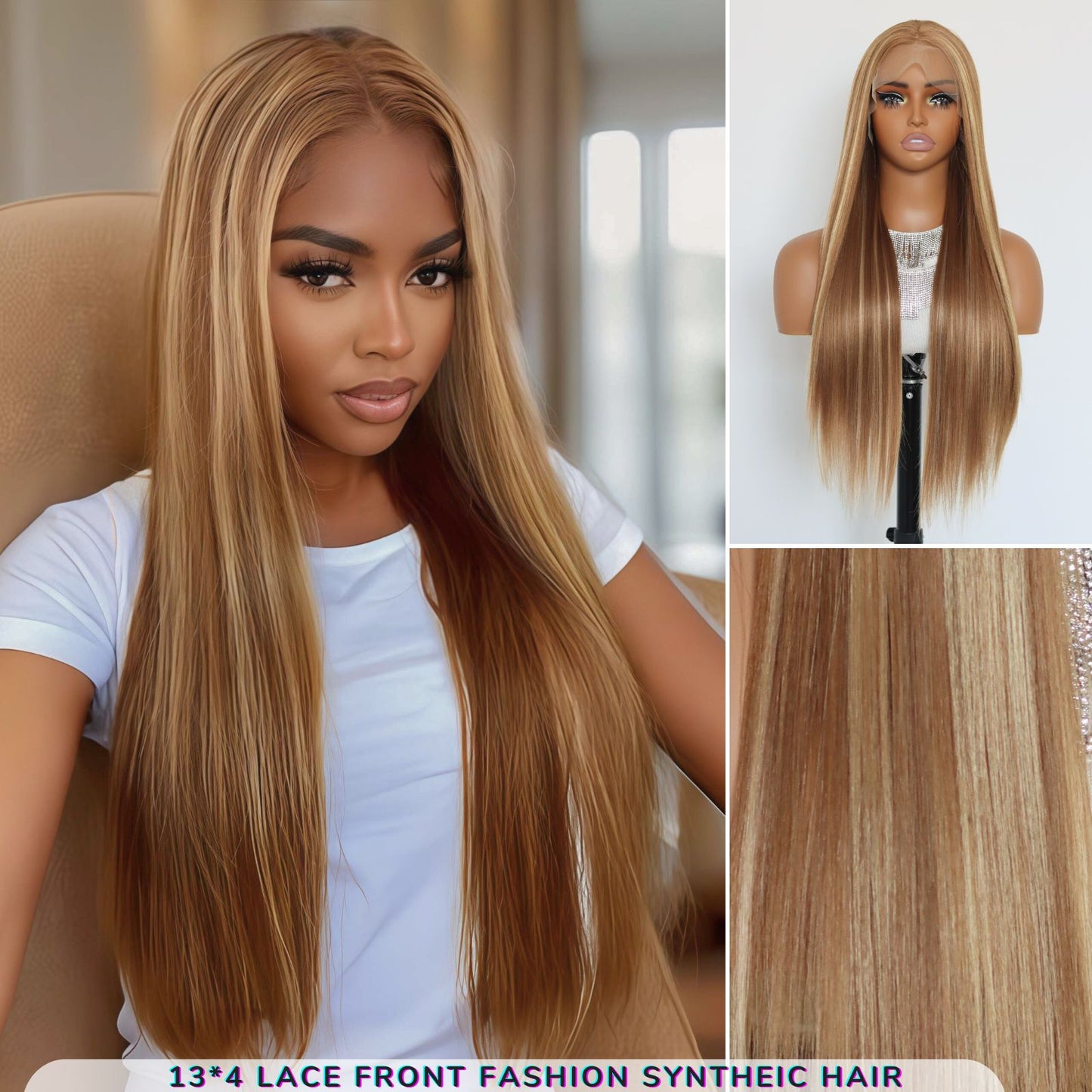 Highlight Blonde Brown Straight Synthetic Lace Front Wig 13X4 Party Daily Use 28 Inches