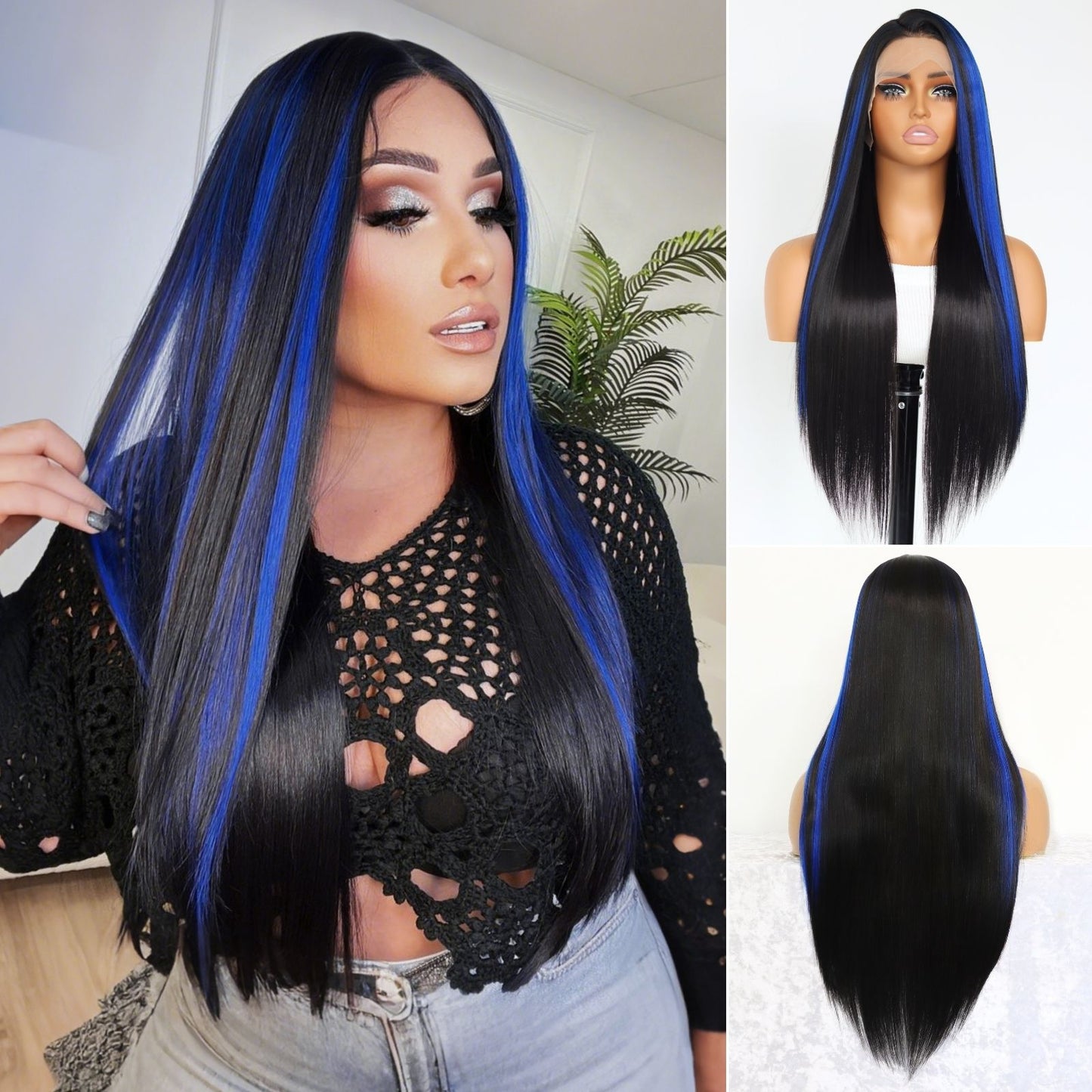 Highlight Blue Black Straight Synthetic Lace Front Wig 13X4 Party Daily Use 26 Inches