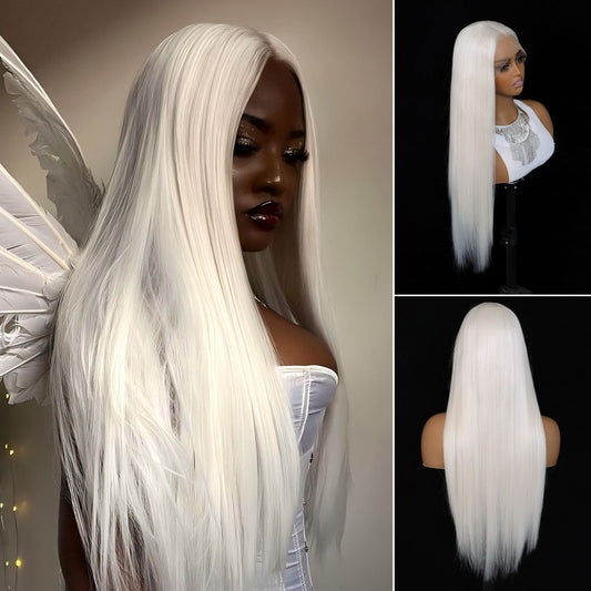 Cream White Straight Synthetic Lace Front Wig 13X4 Party Use 26 Inches