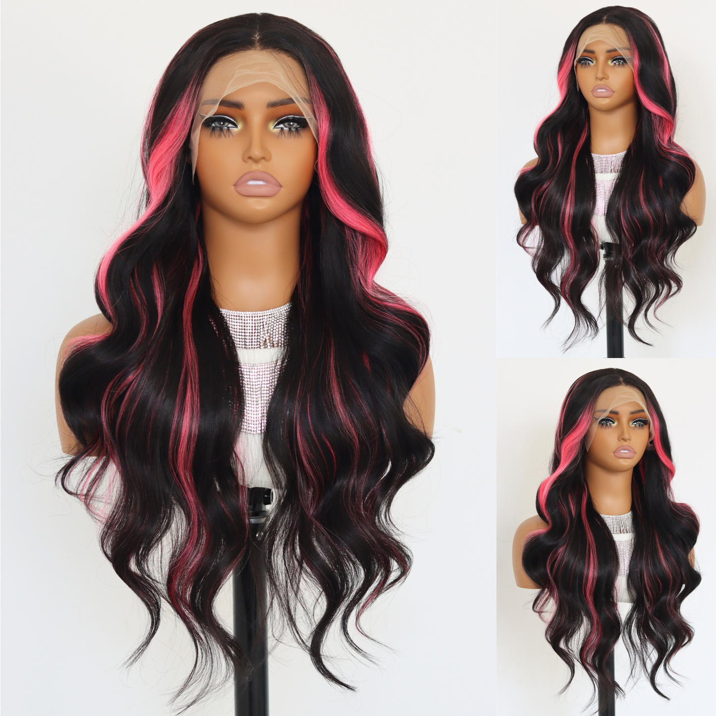 Pink Highlights Lace Front Wig Pink Skunk Stripe Synthetic Wavy Wigs 13×4 Lace Front Wig Pink and Black Colored Wigs 150% Density 24 Inch For Black Women