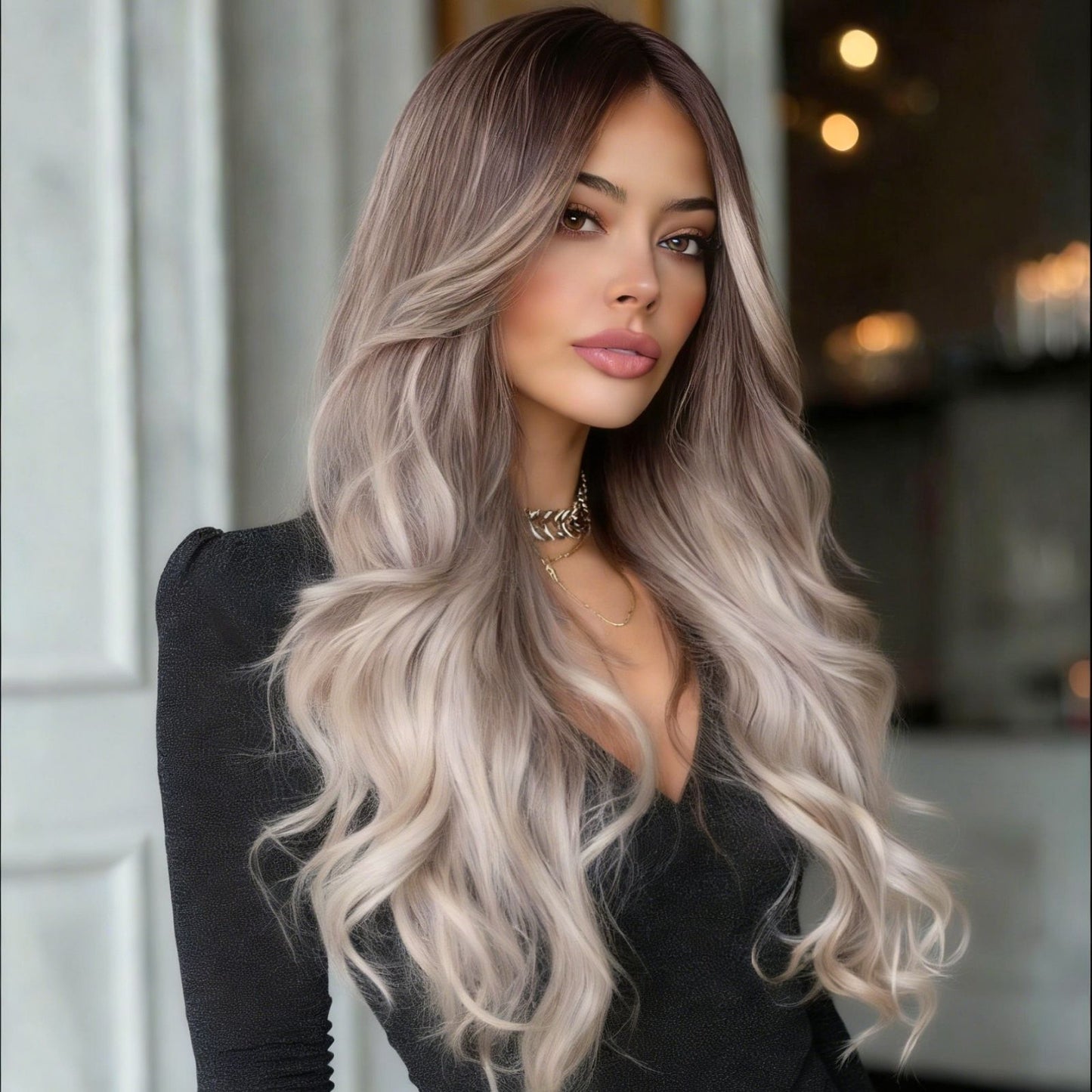 Silver Light Grey Ombre Lace Front Synthetic Wig with Dark Ash Brown Roots 24 Inch 13x4 Long Loose Wave Heat-Resistant HD Lace Free Part for Daily & Party Wear